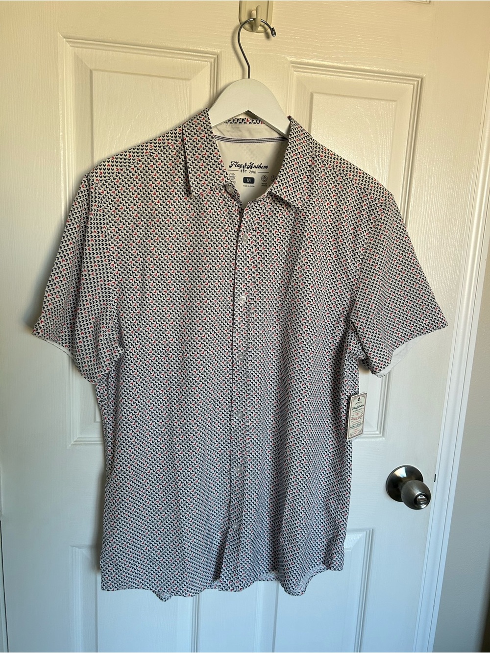 Men's Short Sleeve Button-Up Shirt - White with Red & Navy Microprint